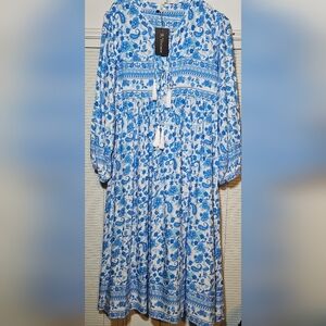 R Vivimos Dress Med Peasant Boho Cottagecore Blue Floral Long Sleeve Midi New